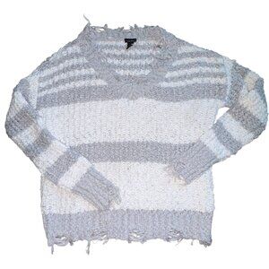 Rue 21 Womens Oversized, Distressed V-Neck, Soft Sweater-Gay/White-Size Small-GU